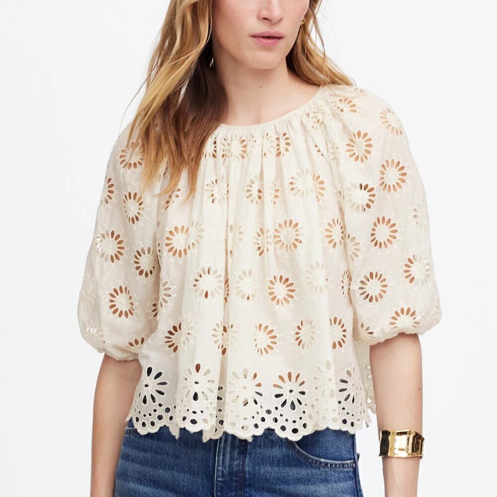 Madewell Embroidered Floral Cutouts Shirred Puff-Sleeve Top Cream Size S NWT